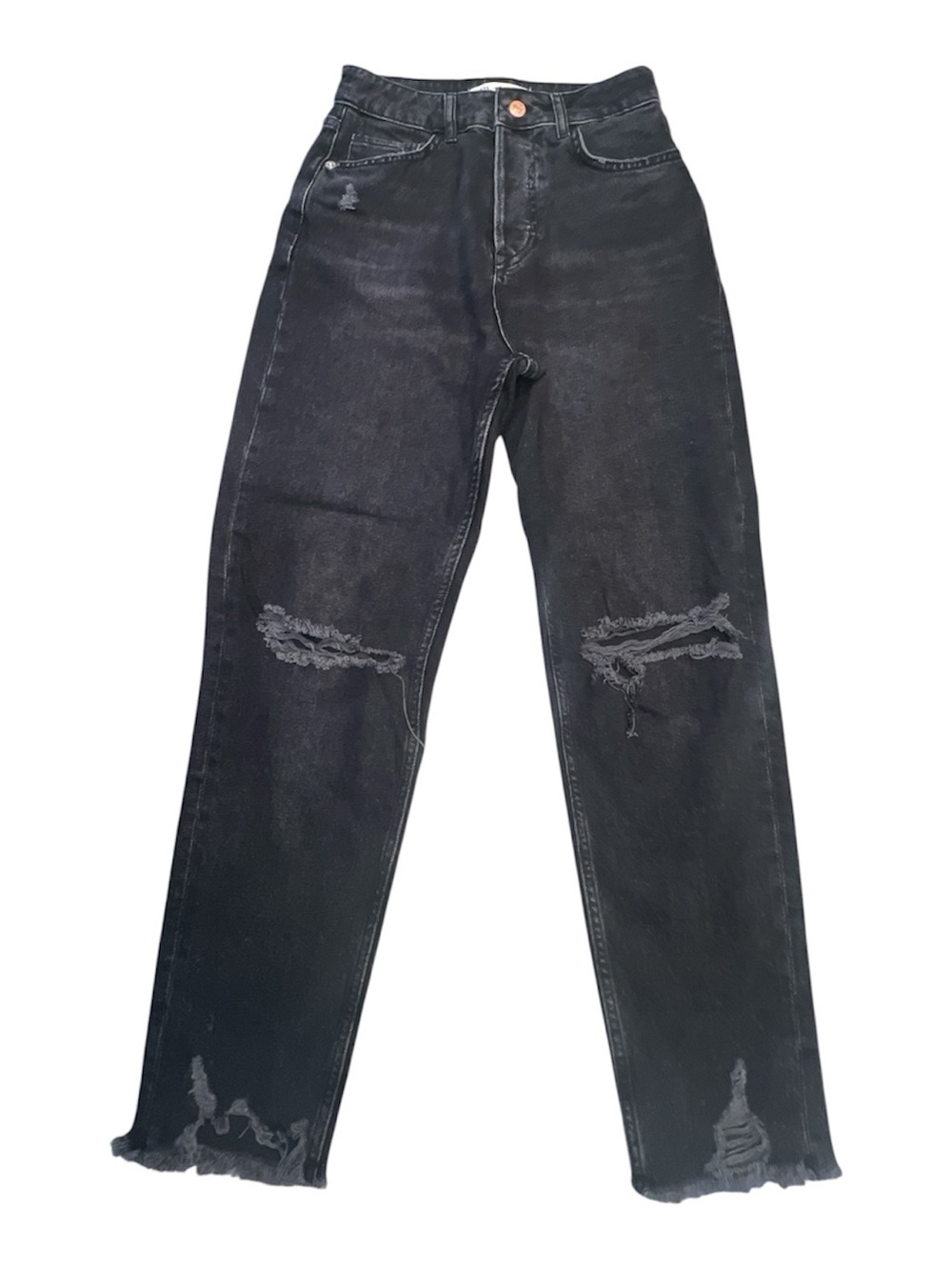 ZARA Black Distressed High Rise Straight Denim Jeans Frayed Hem Pockets - Picture 2 of 13